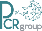 Logo PCR Group : les lettres P, C et R en bleu-vert, le mot group en gris, et un réseau de points reliés en forme de cerveau, symbole d’expertise en radioprotection